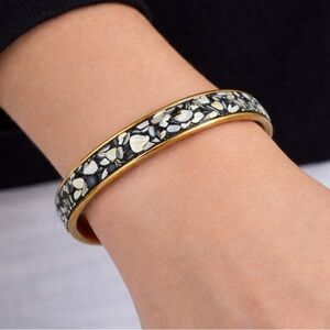 MOP Inlay Bangle Bracelet S/M Brass Shell Chip Mosaic Boho Gypsy Lagenlook VTG